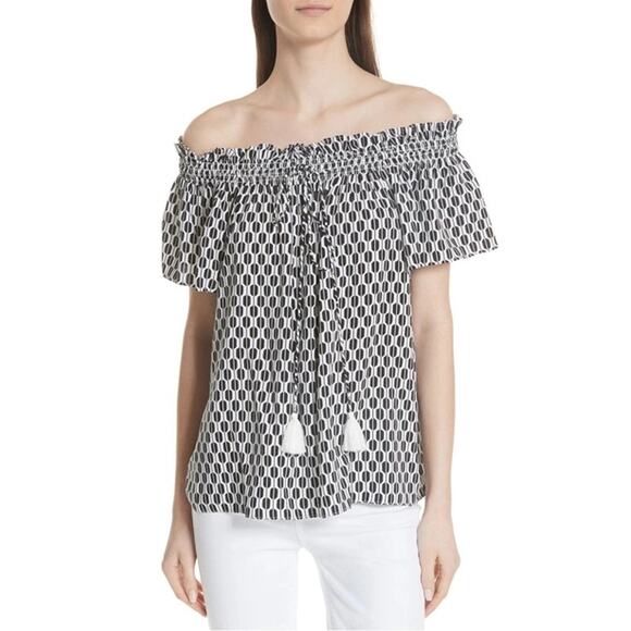 Kate Spade Arrow Stripe Off The Shoulder‎ Blouse Women's Medium Black White - Picture 1 of 10